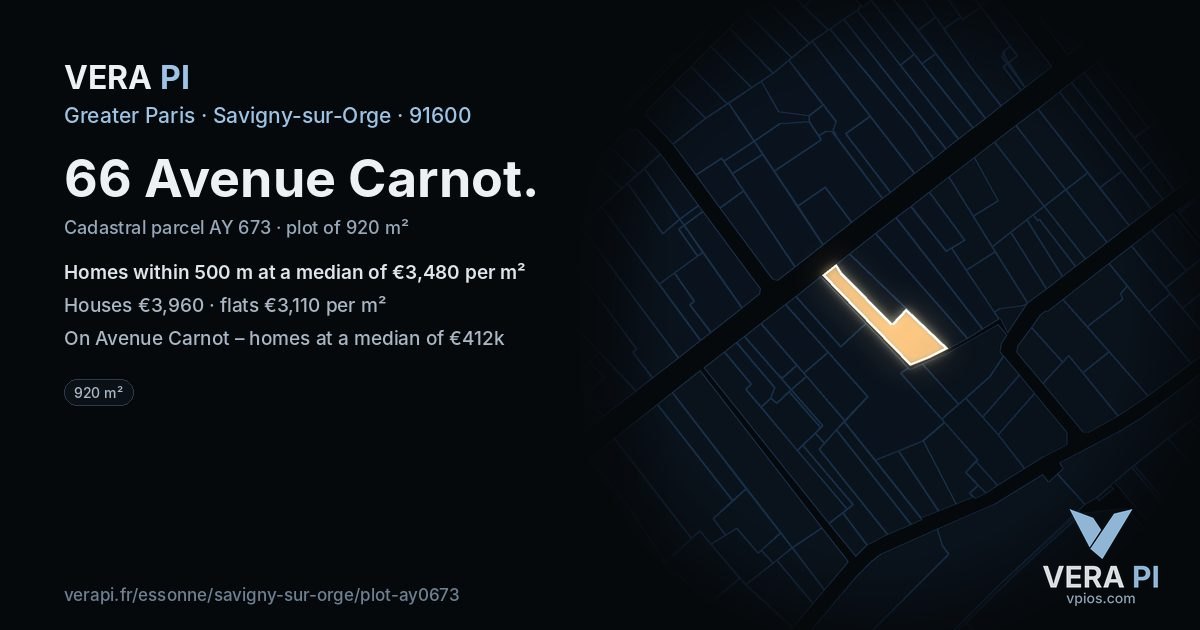 66 Avenue Carnot, Savigny-sur-Orge at night – the plot lit, the parcels around coloured by the prices near them