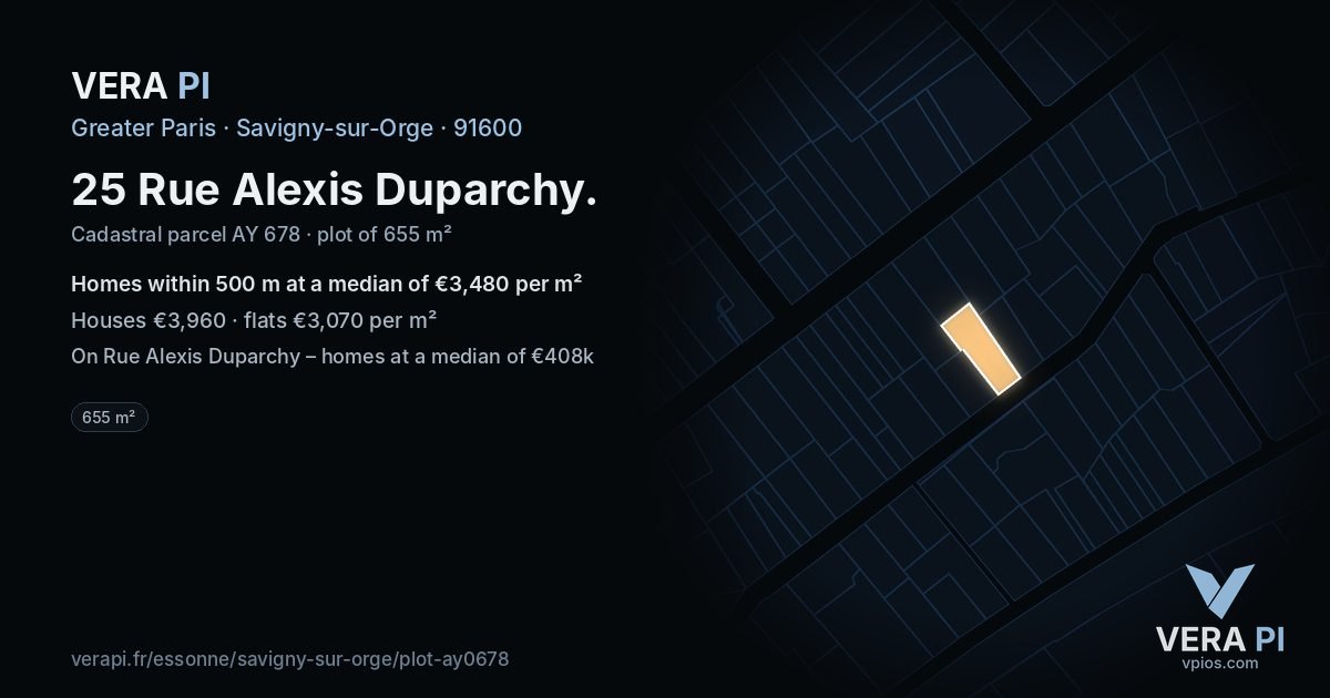25 Rue Alexis Duparchy, Savigny-sur-Orge at night – the plot lit, the parcels around coloured by the prices near them