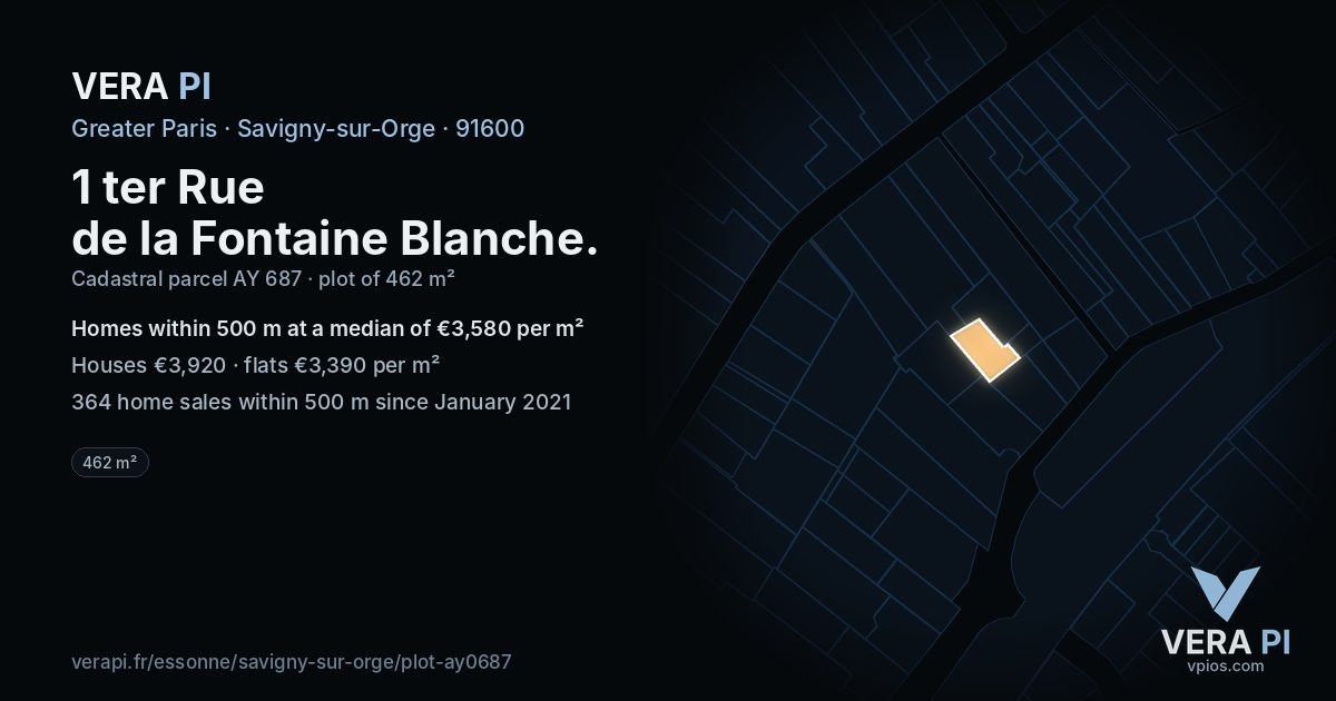 1 ter Rue de la Fontaine Blanche, Savigny-sur-Orge at night – the plot lit, the parcels around coloured by the prices near them