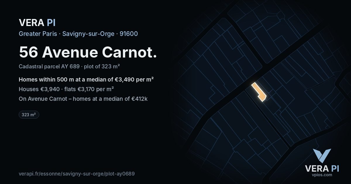 56 Avenue Carnot, Savigny-sur-Orge at night – the plot lit, the parcels around coloured by the prices near them