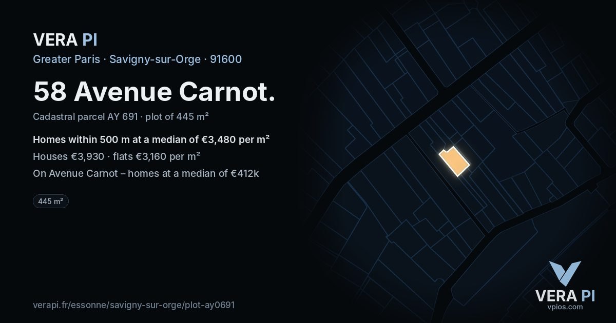 58 Avenue Carnot, Savigny-sur-Orge at night – the plot lit, the parcels around coloured by the prices near them