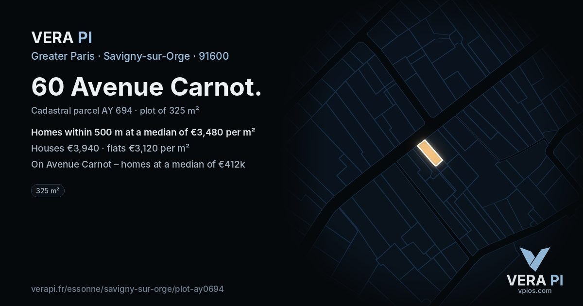 60 Avenue Carnot, Savigny-sur-Orge at night – the plot lit, the parcels around coloured by the prices near them