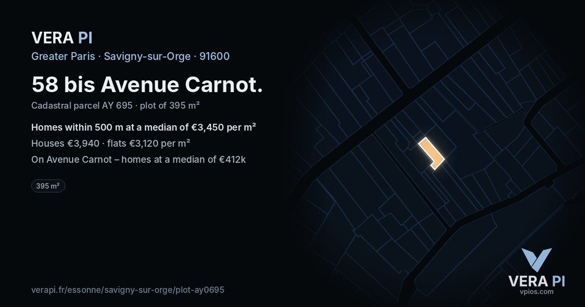 58 bis Avenue Carnot, Savigny-sur-Orge at night – the plot lit, the parcels around coloured by the prices near them