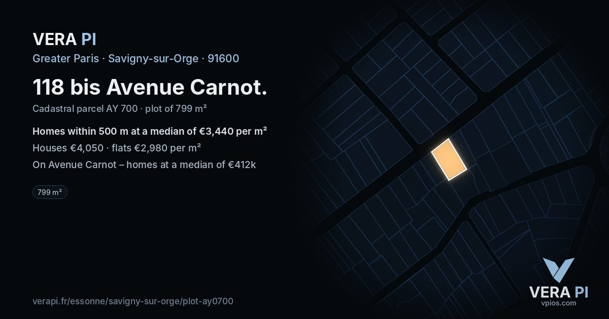 118 bis Avenue Carnot, Savigny-sur-Orge at night – the plot lit, the parcels around coloured by the prices near them