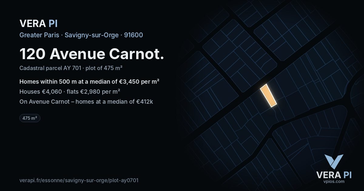 120 Avenue Carnot, Savigny-sur-Orge at night – the plot lit, the parcels around coloured by the prices near them