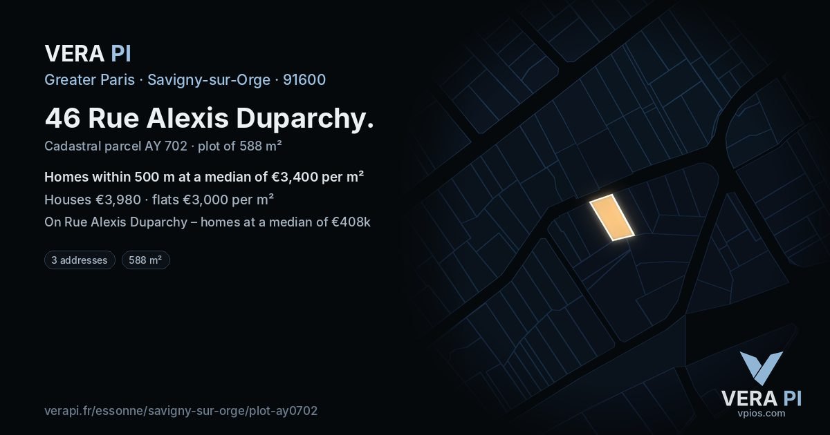 46 Rue Alexis Duparchy, Savigny-sur-Orge at night – the plot lit, the parcels around coloured by the prices near them