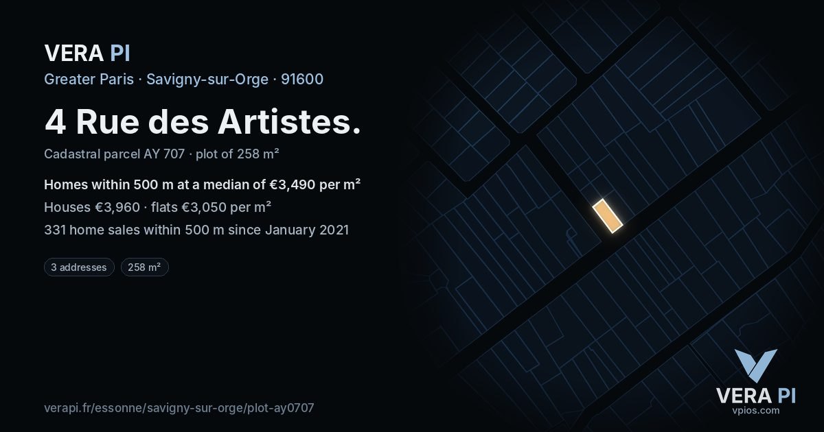 4 Rue des Artistes, Savigny-sur-Orge at night – the plot lit, the parcels around coloured by the prices near them