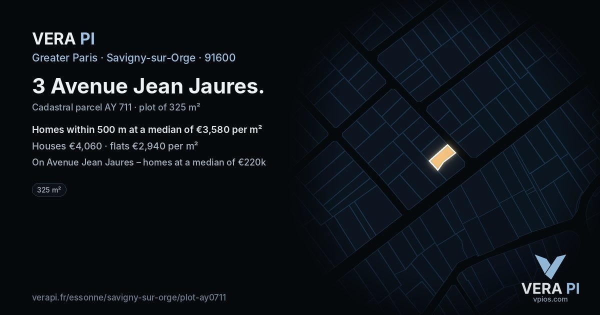 3 Avenue Jean Jaures, Savigny-sur-Orge at night – the plot lit, the parcels around coloured by the prices near them