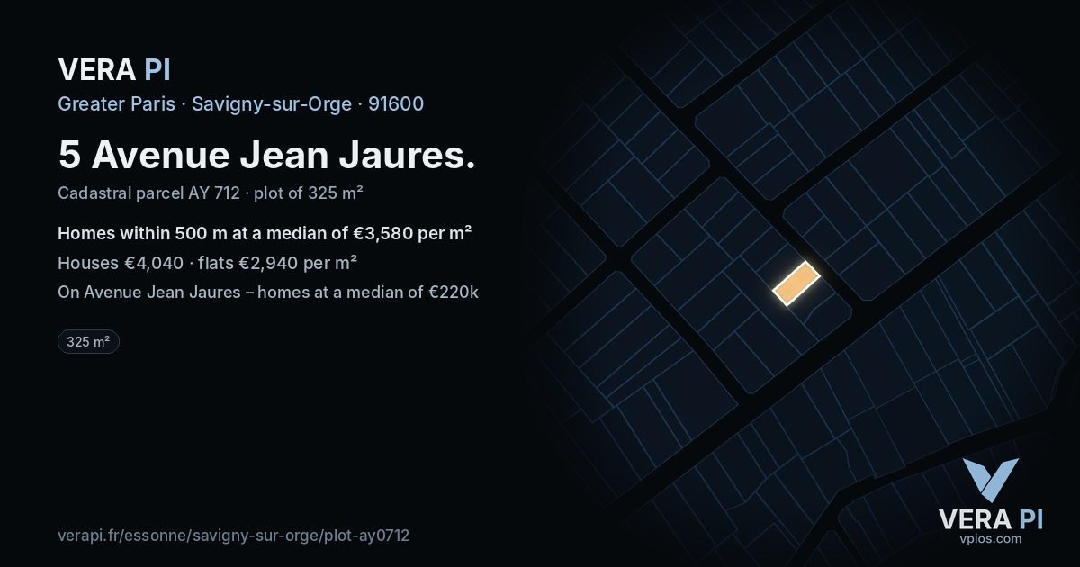 5 Avenue Jean Jaures, Savigny-sur-Orge at night – the plot lit, the parcels around coloured by the prices near them