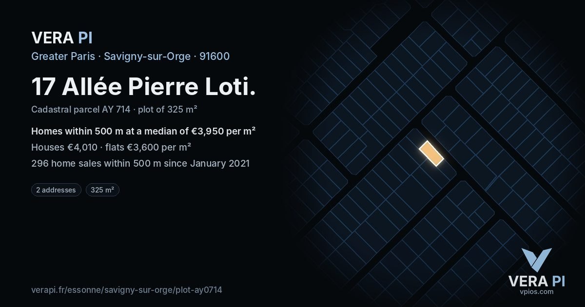 17 Allée Pierre Loti, Savigny-sur-Orge at night – the plot lit, the parcels around coloured by the prices near them