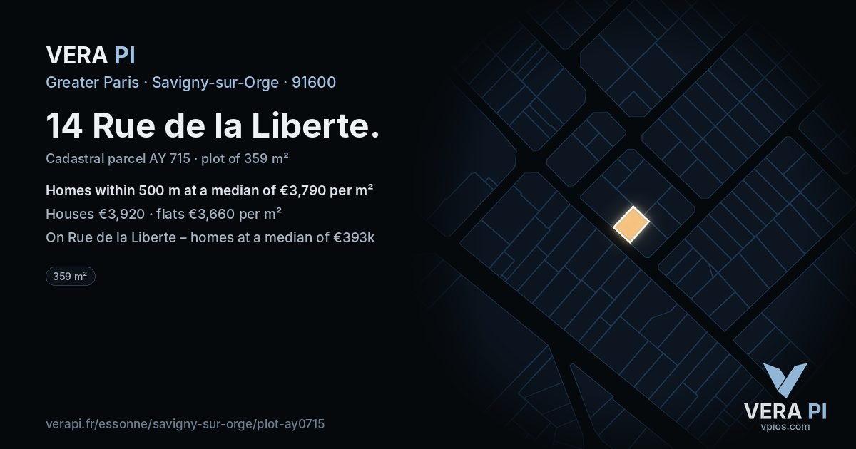 14 Rue de la Liberte, Savigny-sur-Orge at night – the plot lit, the parcels around coloured by the prices near them