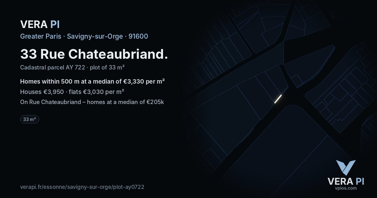 33 Rue Chateaubriand, Savigny-sur-Orge at night – the plot lit, the parcels around coloured by the prices near them