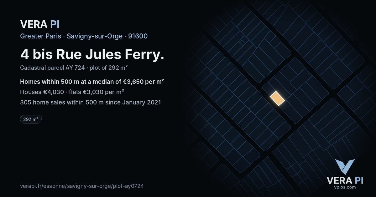 4 bis Rue Jules Ferry, Savigny-sur-Orge at night – the plot lit, the parcels around coloured by the prices near them