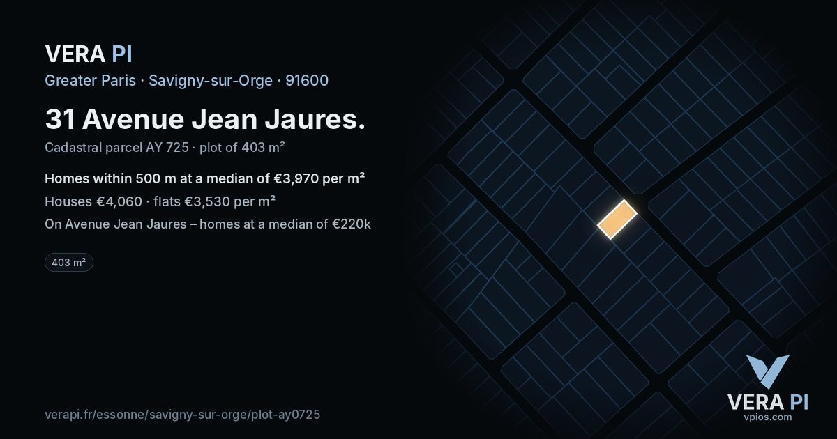 31 Avenue Jean Jaures, Savigny-sur-Orge at night – the plot lit, the parcels around coloured by the prices near them
