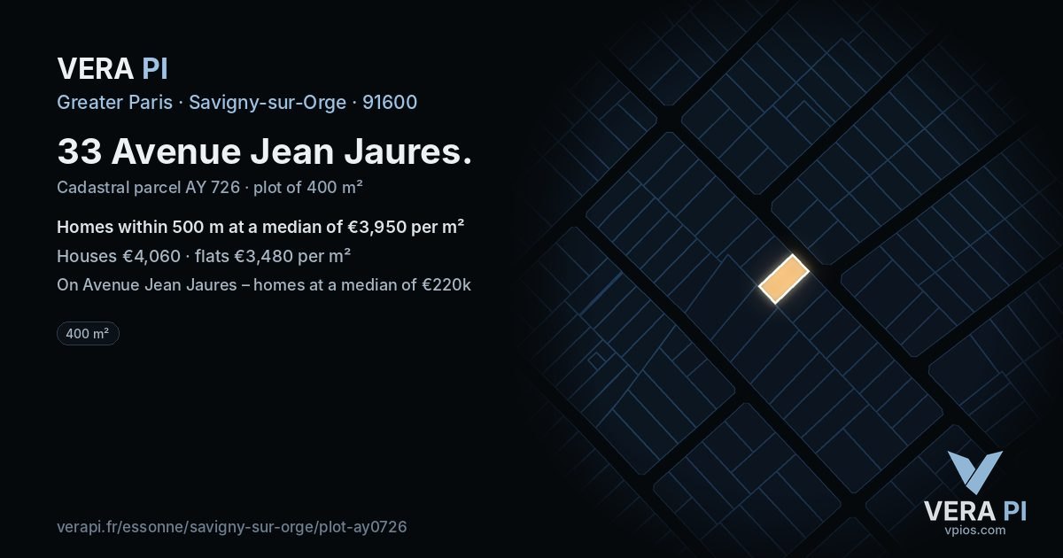 33 Avenue Jean Jaures, Savigny-sur-Orge at night – the plot lit, the parcels around coloured by the prices near them