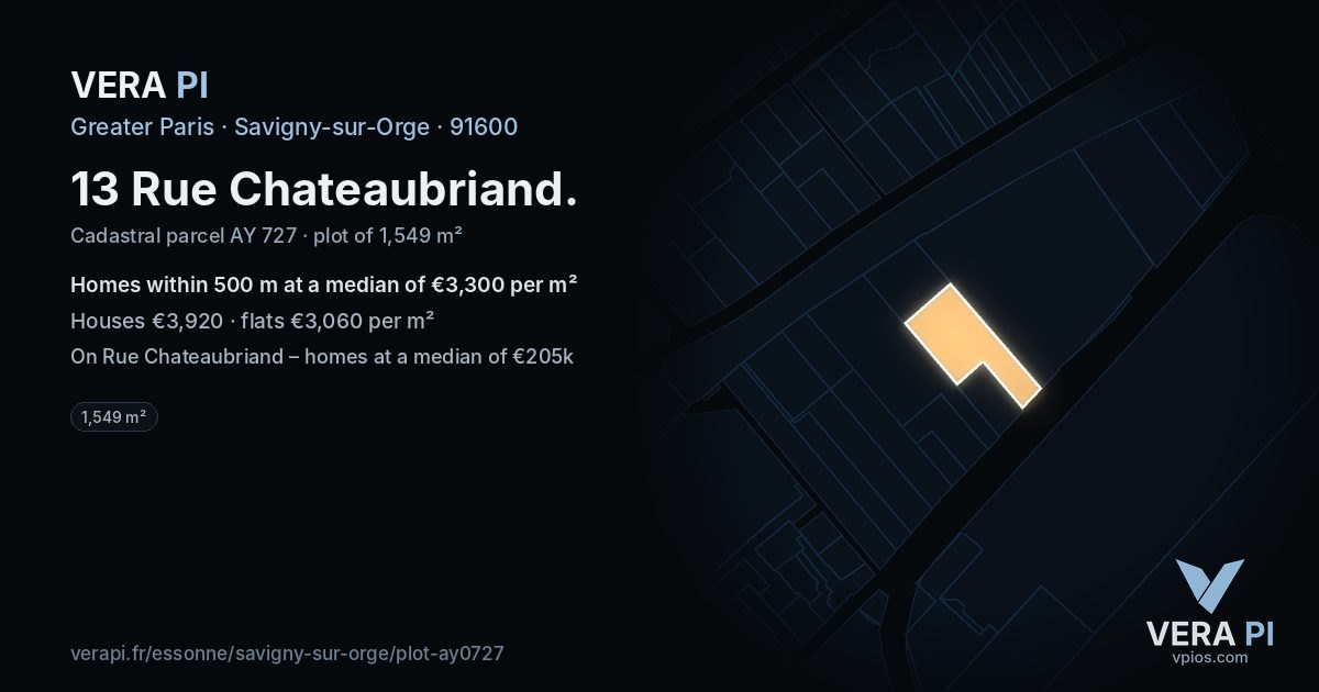 13 Rue Chateaubriand, Savigny-sur-Orge at night – the plot lit, the parcels around coloured by the prices near them