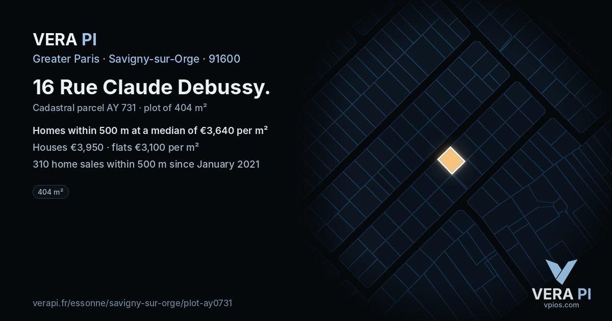 16 Rue Claude Debussy, Savigny-sur-Orge at night – the plot lit, the parcels around coloured by the prices near them