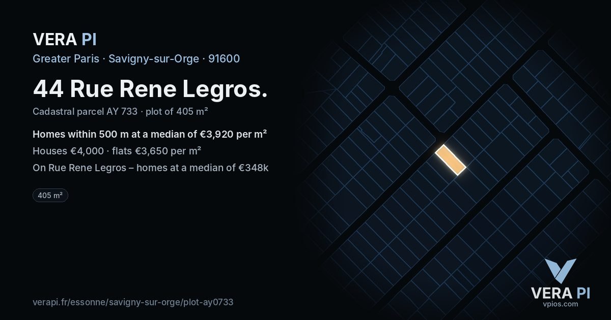 44 Rue Rene Legros, Savigny-sur-Orge at night – the plot lit, the parcels around coloured by the prices near them