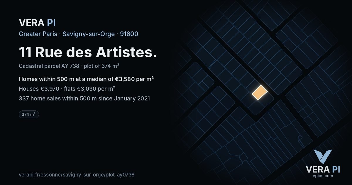 11 Rue des Artistes, Savigny-sur-Orge at night – the plot lit, the parcels around coloured by the prices near them