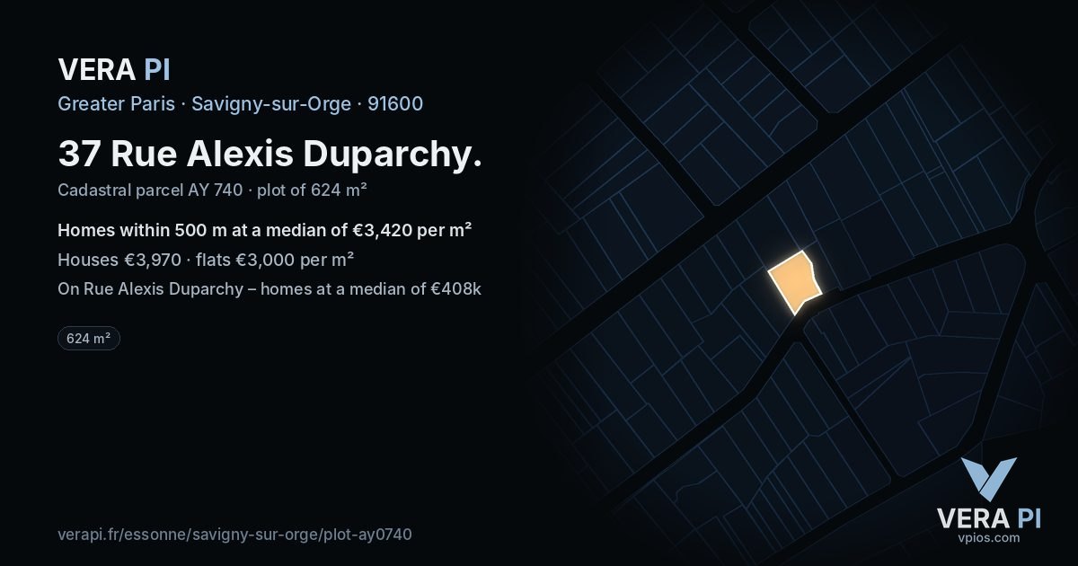 37 Rue Alexis Duparchy, Savigny-sur-Orge at night – the plot lit, the parcels around coloured by the prices near them