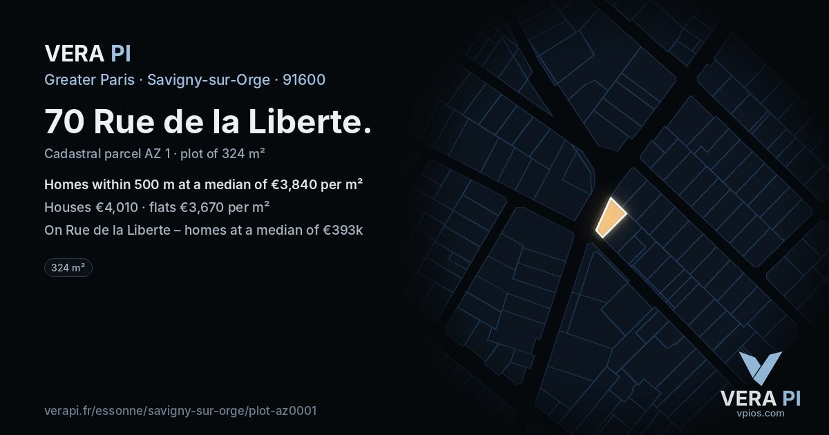 70 Rue de la Liberte, Savigny-sur-Orge at night – the plot lit, the parcels around coloured by the prices near them