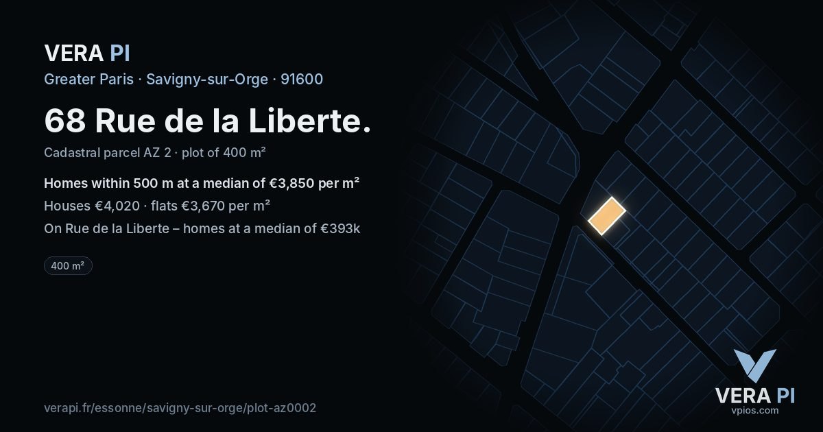 68 Rue de la Liberte, Savigny-sur-Orge at night – the plot lit, the parcels around coloured by the prices near them