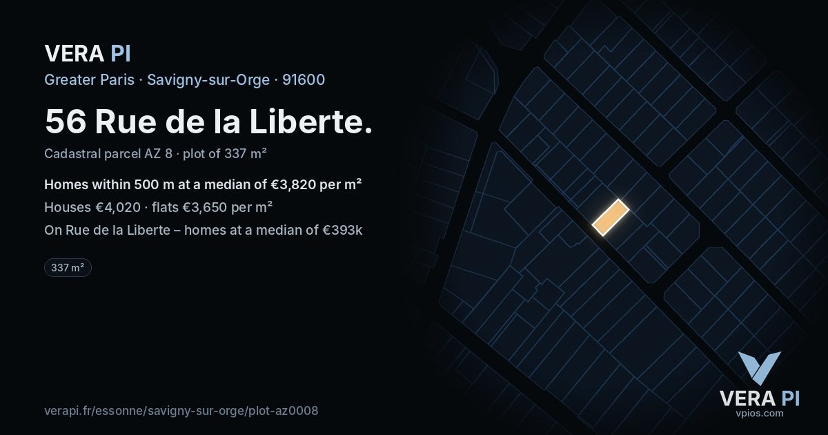 56 Rue de la Liberte, Savigny-sur-Orge at night – the plot lit, the parcels around coloured by the prices near them