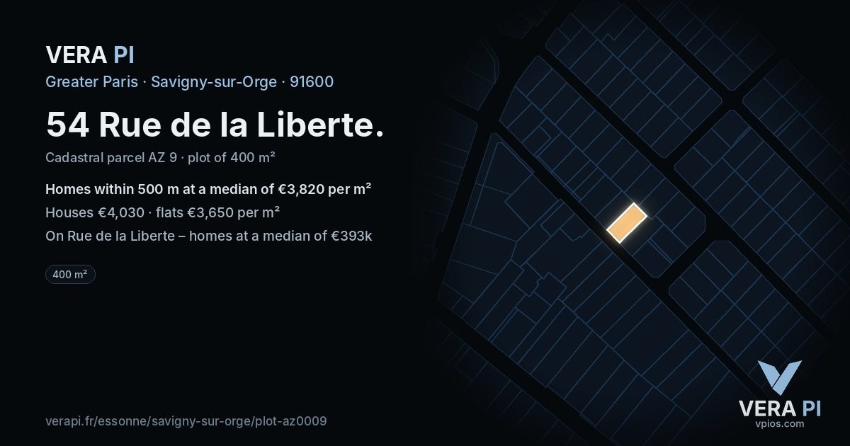 54 Rue de la Liberte, Savigny-sur-Orge at night – the plot lit, the parcels around coloured by the prices near them