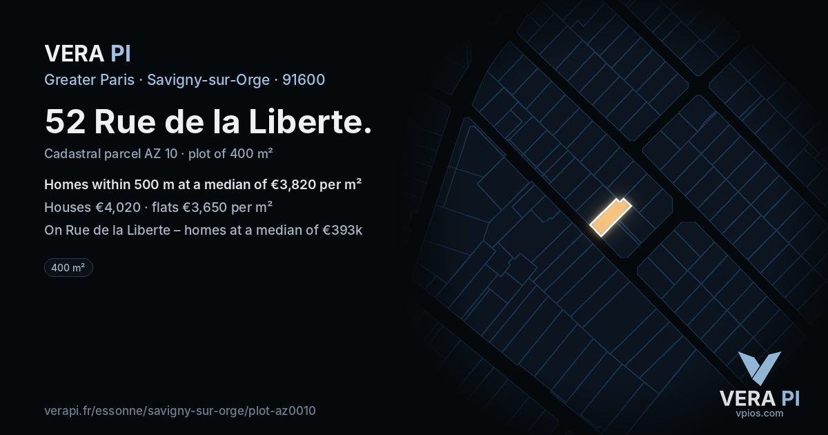 52 Rue de la Liberte, Savigny-sur-Orge at night – the plot lit, the parcels around coloured by the prices near them