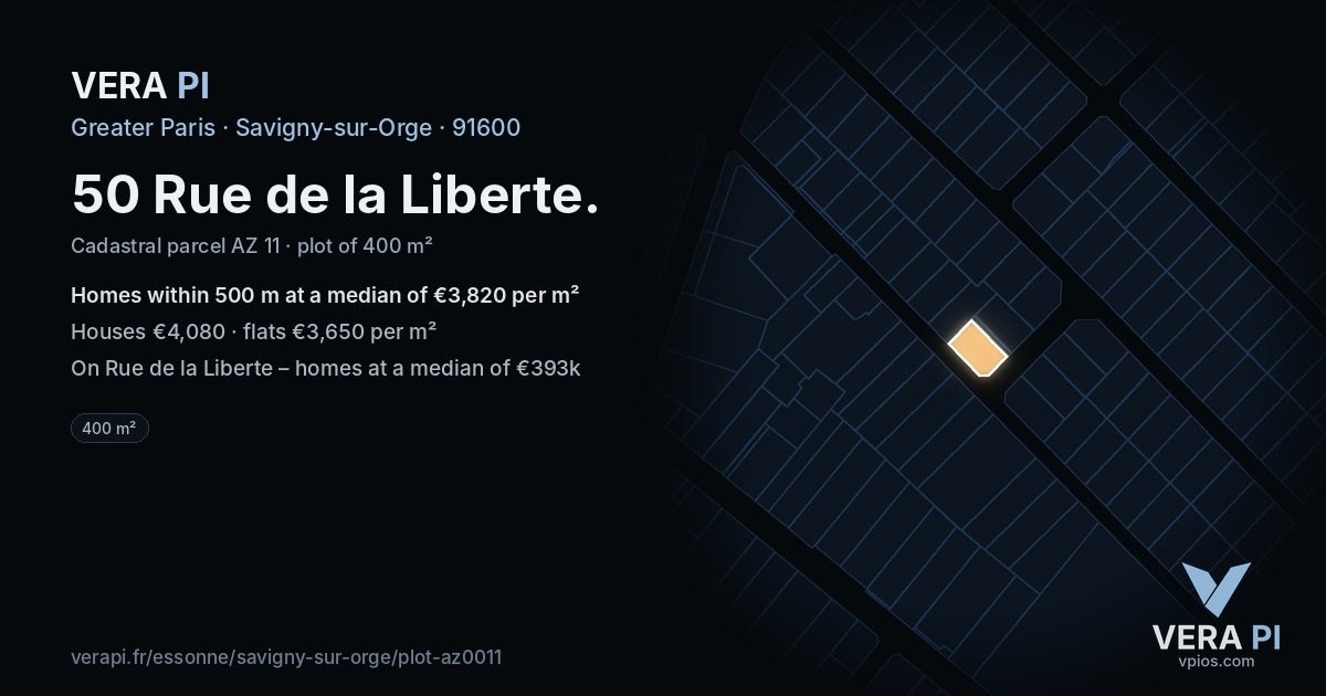 50 Rue de la Liberte, Savigny-sur-Orge at night – the plot lit, the parcels around coloured by the prices near them