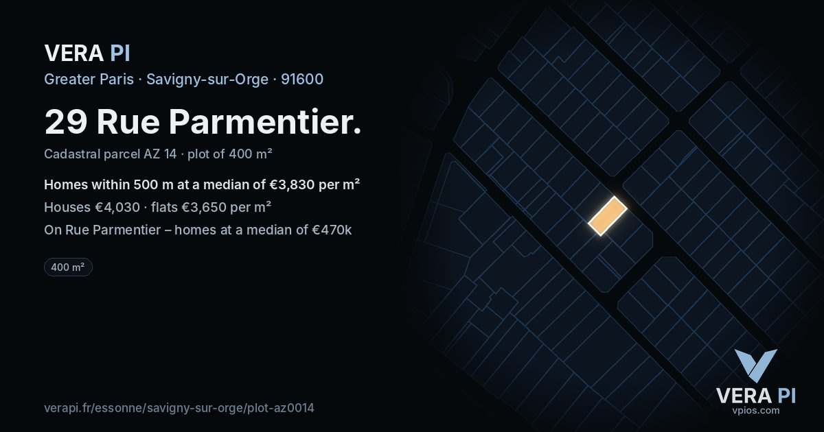 29 Rue Parmentier, Savigny-sur-Orge at night – the plot lit, the parcels around coloured by the prices near them