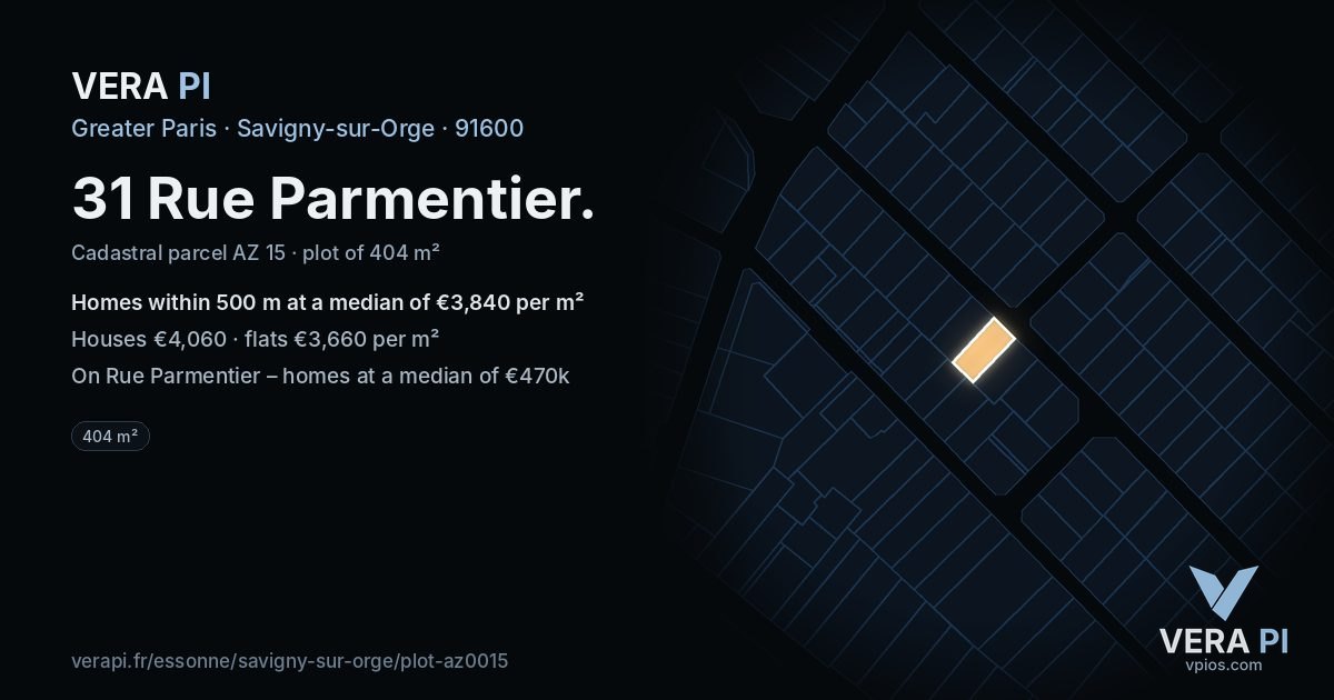 31 Rue Parmentier, Savigny-sur-Orge at night – the plot lit, the parcels around coloured by the prices near them