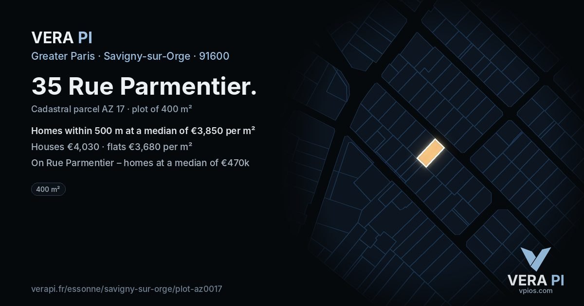 35 Rue Parmentier, Savigny-sur-Orge at night – the plot lit, the parcels around coloured by the prices near them