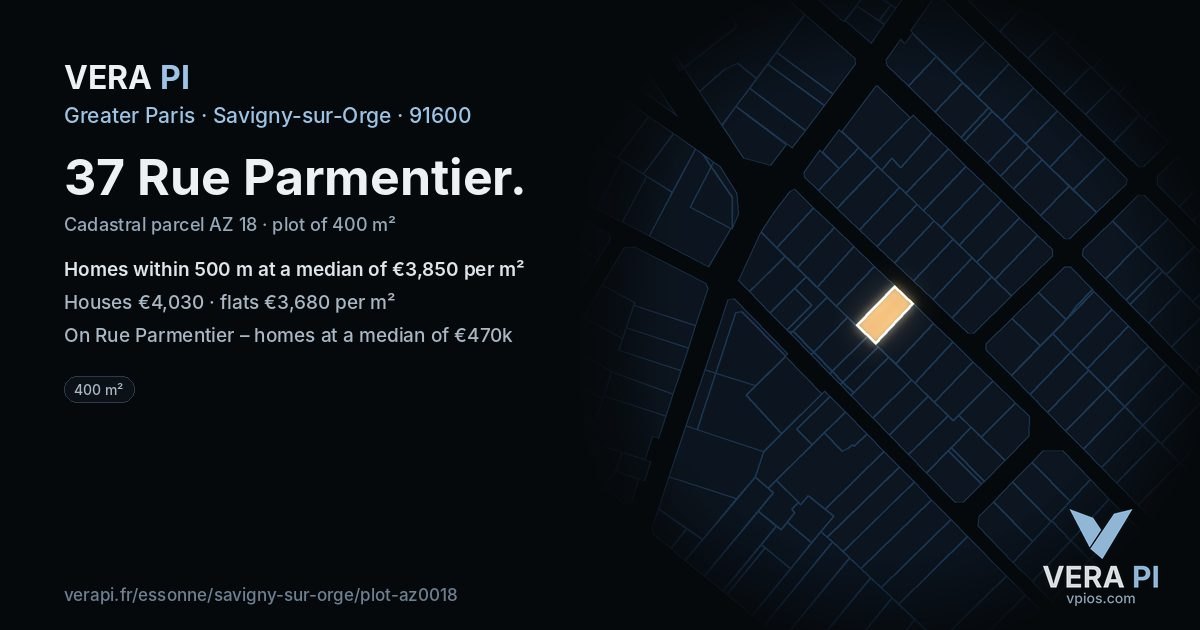 37 Rue Parmentier, Savigny-sur-Orge at night – the plot lit, the parcels around coloured by the prices near them
