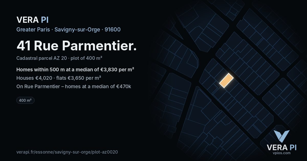 41 Rue Parmentier, Savigny-sur-Orge at night – the plot lit, the parcels around coloured by the prices near them