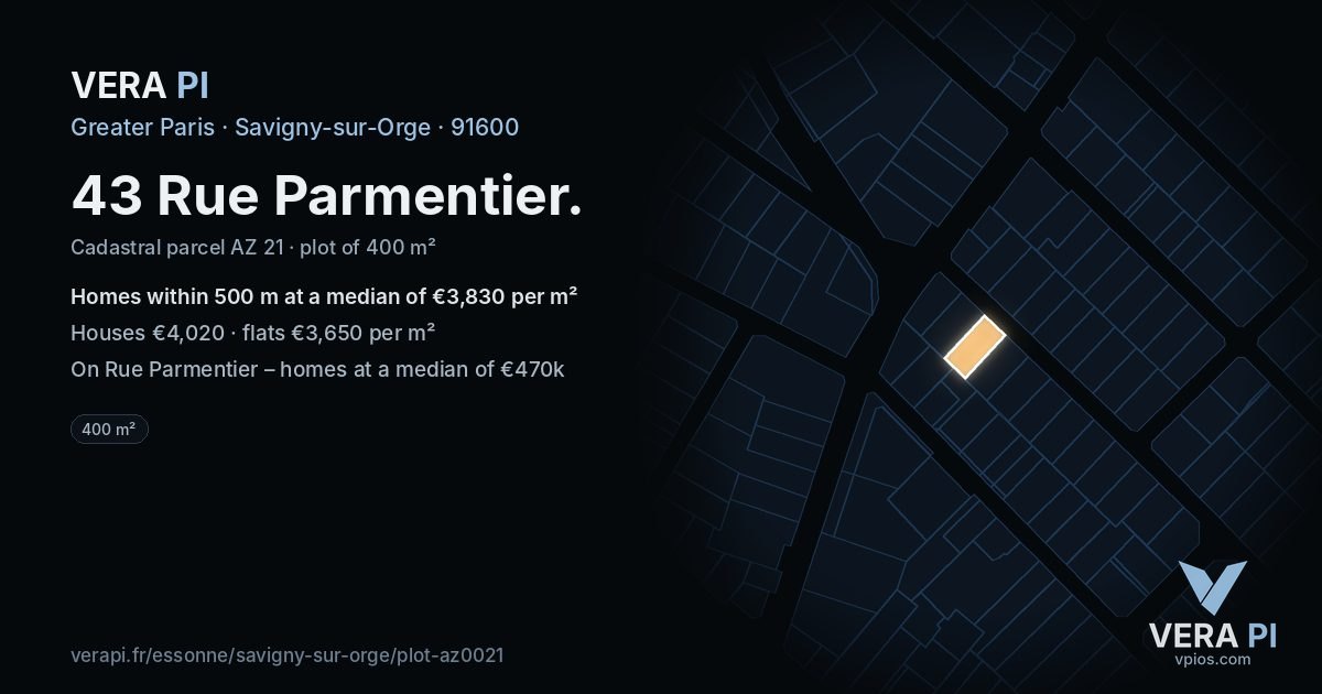 43 Rue Parmentier, Savigny-sur-Orge at night – the plot lit, the parcels around coloured by the prices near them