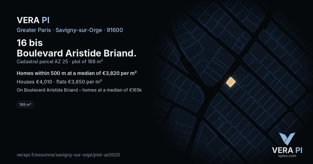 16 bis Boulevard Aristide Briand, Savigny-sur-Orge at night – the plot lit, the parcels around coloured by the prices near them