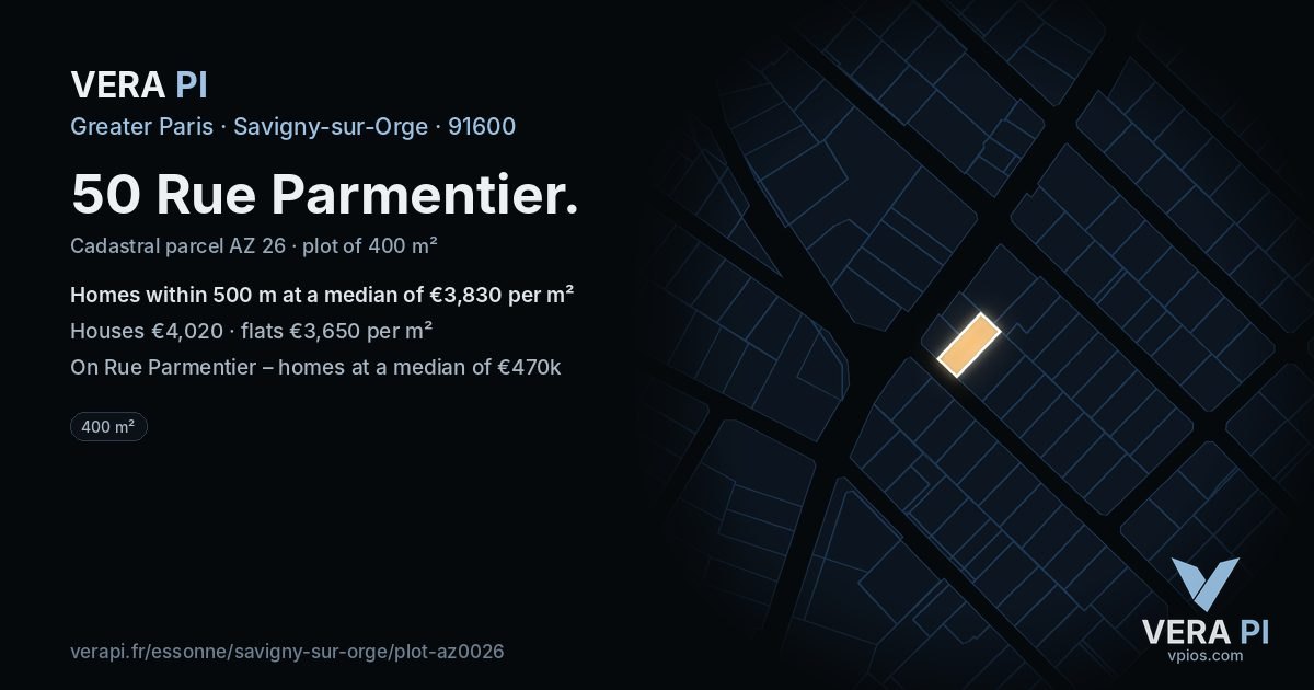 50 Rue Parmentier, Savigny-sur-Orge at night – the plot lit, the parcels around coloured by the prices near them