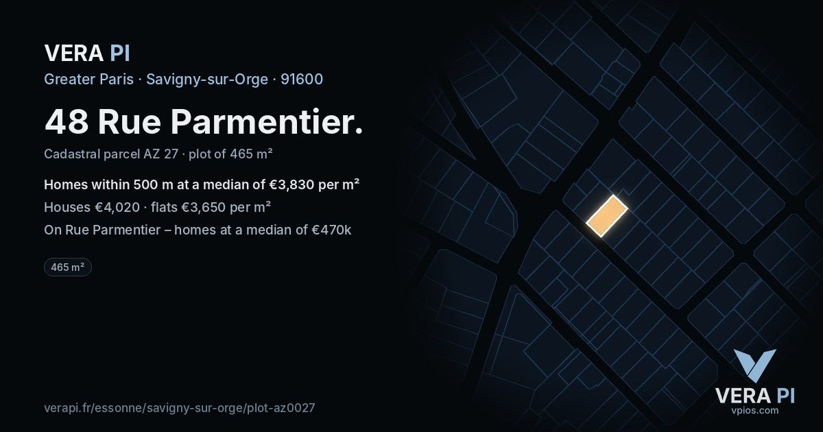 48 Rue Parmentier, Savigny-sur-Orge at night – the plot lit, the parcels around coloured by the prices near them