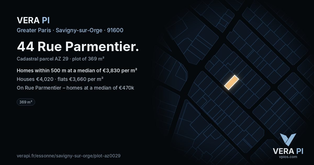 44 Rue Parmentier, Savigny-sur-Orge at night – the plot lit, the parcels around coloured by the prices near them