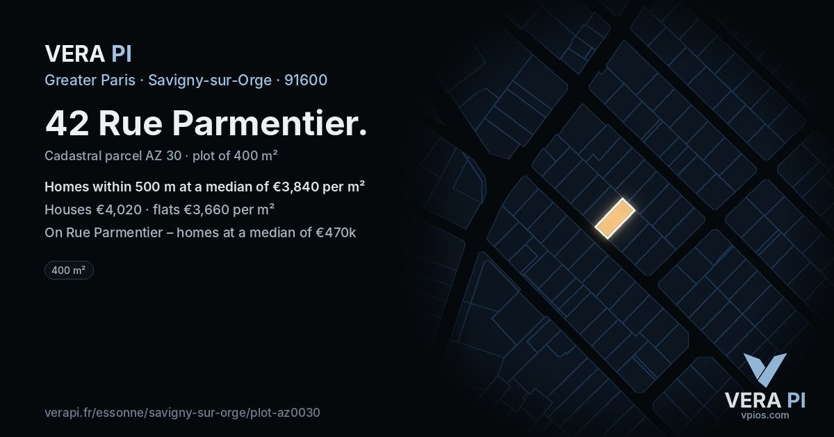 42 Rue Parmentier, Savigny-sur-Orge at night – the plot lit, the parcels around coloured by the prices near them