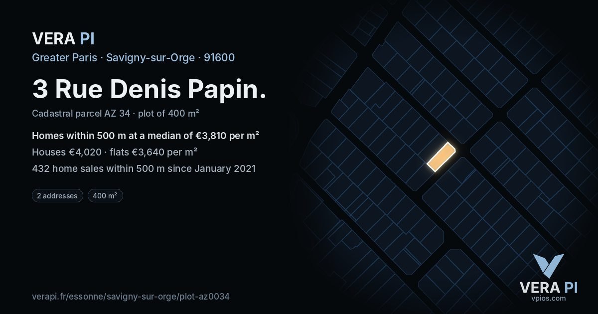 3 Rue Denis Papin, Savigny-sur-Orge at night – the plot lit, the parcels around coloured by the prices near them