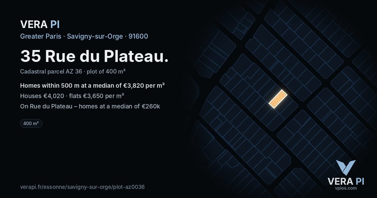 35 Rue du Plateau, Savigny-sur-Orge at night – the plot lit, the parcels around coloured by the prices near them