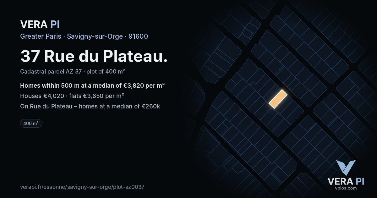37 Rue du Plateau, Savigny-sur-Orge at night – the plot lit, the parcels around coloured by the prices near them