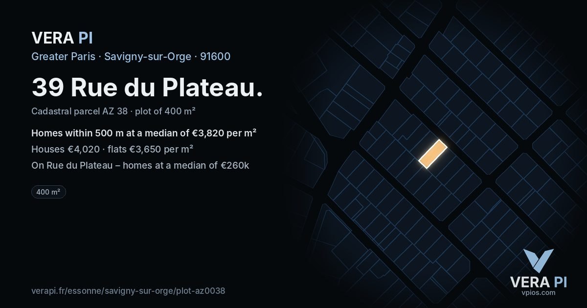 39 Rue du Plateau, Savigny-sur-Orge at night – the plot lit, the parcels around coloured by the prices near them