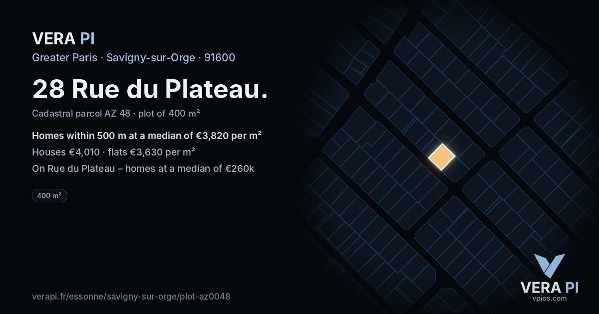 28 Rue du Plateau, Savigny-sur-Orge at night – the plot lit, the parcels around coloured by the prices near them