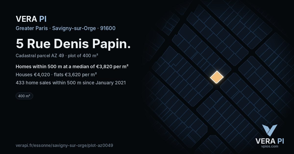 5 Rue Denis Papin, Savigny-sur-Orge at night – the plot lit, the parcels around coloured by the prices near them