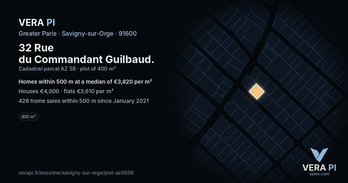 32 Rue du Commandant Guilbaud, Savigny-sur-Orge at night – the plot lit, the parcels around coloured by the prices near them