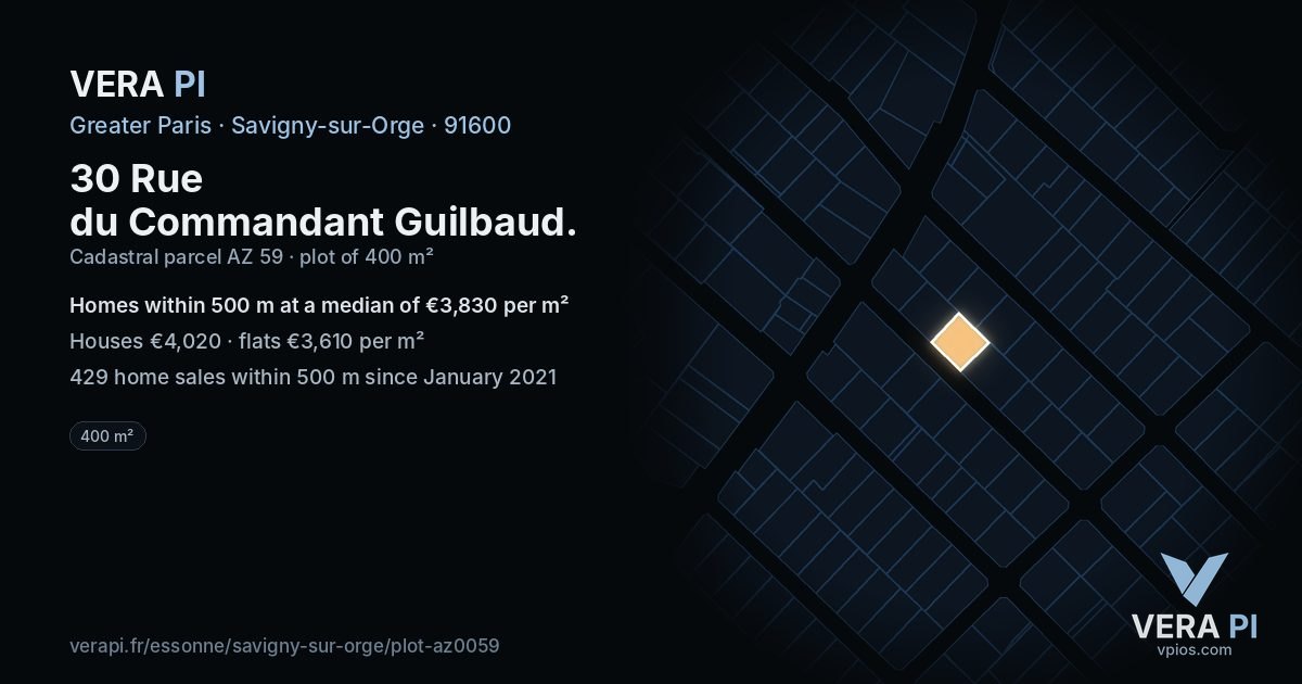 30 Rue du Commandant Guilbaud, Savigny-sur-Orge at night – the plot lit, the parcels around coloured by the prices near them