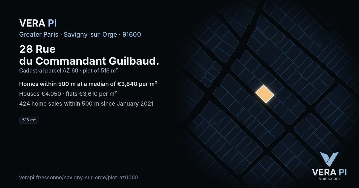 28 Rue du Commandant Guilbaud, Savigny-sur-Orge at night – the plot lit, the parcels around coloured by the prices near them